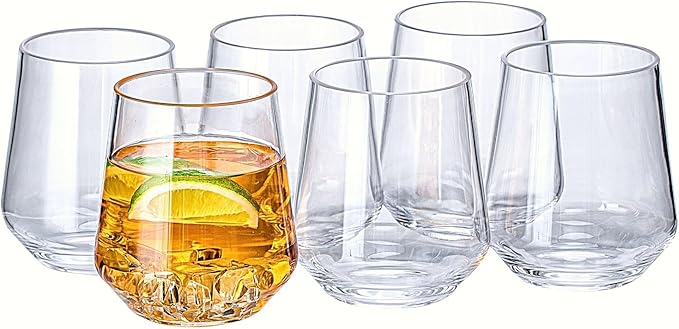 16oz Clear Stemless Wines Cups (Set of 6), Shatter-Proof Acrylic Glasses Drinkware, Reusable Plastic Bar Glasses, BPA-Free, Dishwasher-Safe