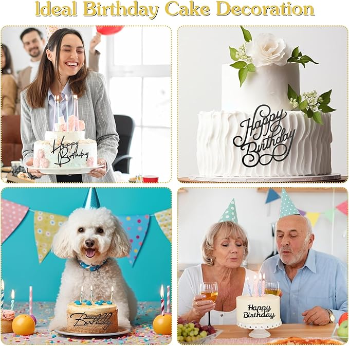6 Pcs Happy Birthday Cake Topper Side Mirror Acrylic Sign Decorations Black Inserts Decor Supplies Cupcake Toppers for Party Dessert