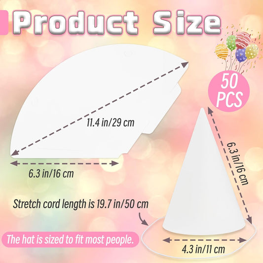 50 Pack White Paper Party Hats for Kids Birthday,White Cone Hats,Blank Party Hats for Art DIY,Painting,Halloween,Christmas Supplies(6.5 in)