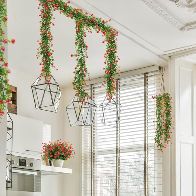 RECUTMS 3 Pack Artificial Spring Eucalyptus Garland Faux Hanging Eucalyptus Plants with Flowers Spring Fake Greenery Vines Garland for Spring Thanksgiving Home Wedding Mantle Wall Decor(Red)