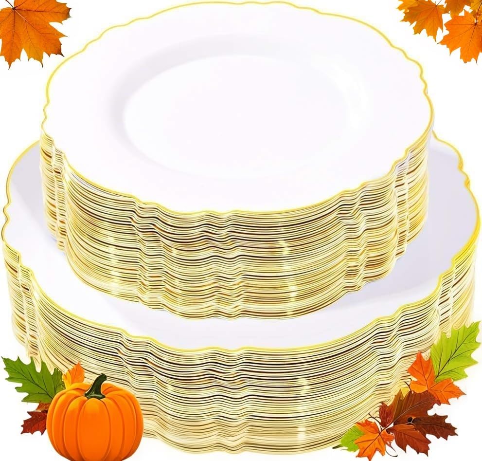 WDF 100pcs Gold Plastic Plates - High-end Baroque Design - Heavy Duty White &Gold Wedding Plates Set Ideal for Thanksgiving Weddings/Party/Bridal Shower