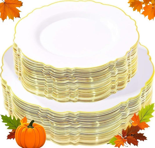 WDF 100pcs Gold Plastic Plates - High-end Baroque Design - Heavy Duty White &Gold Wedding Plates Set Ideal for Thanksgiving Weddings/Party/Bridal Shower