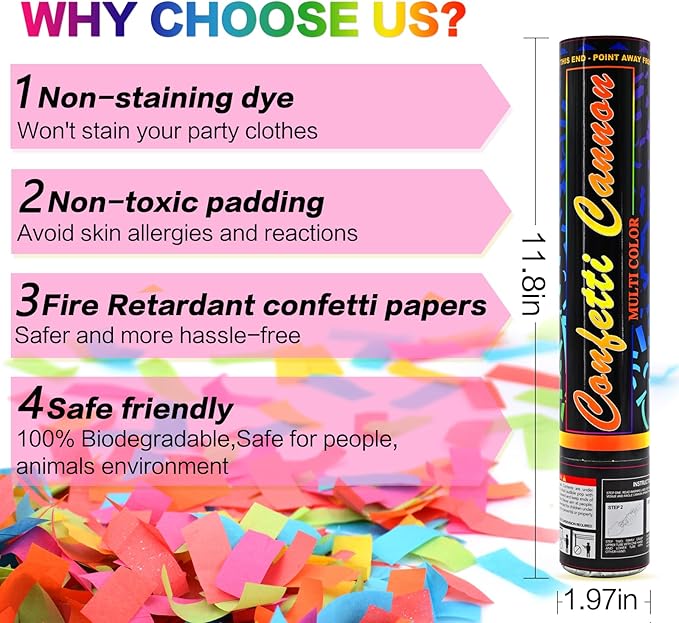 FIEKEICC Confetti Cannon Multicolor 12 Pack Biodegradable Confetti Popper Party Confetti Shooters12 Inch Confetti Popper Cannons Confetti Poppers for Wedding,Birthday,Graduation, New Years Celebration