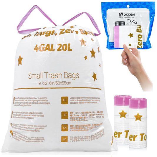 OKKEAI 4 Gallon Small Bathroom Trash Bags, White Drawstring Garbage Bags 60 Count – Heavy Duty Leak-Proof Tear-Free Wastebasket Liners with Safety Warning for Bathroom, Kitchen, Bedroom, Office