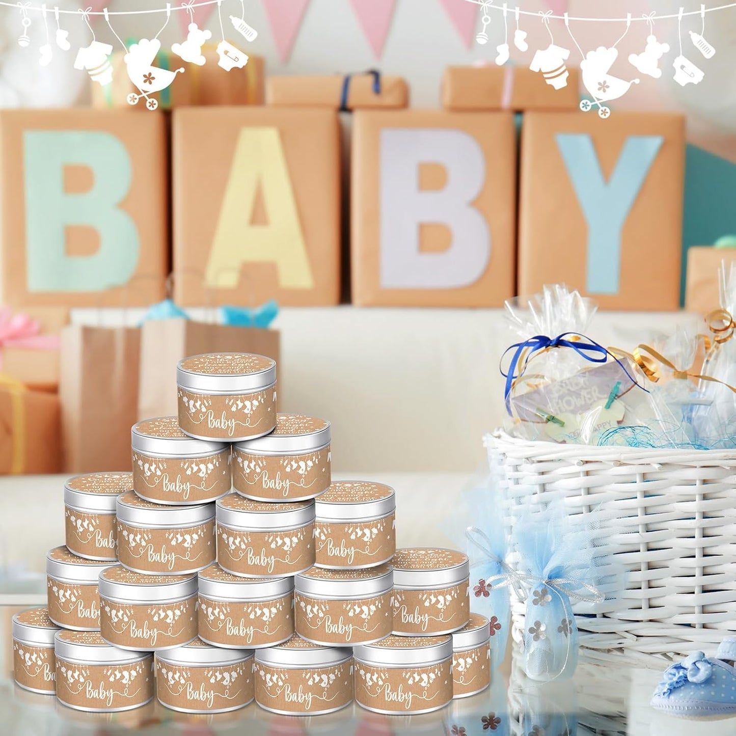 MTLEE 24 Pcs Kraft Paper Baby Shower Party Favors Candles Lavender Scented Baby Shower Favors for Guests Rustic Tealights Candles Gender Reveal Return Gifts Girl Boy(1.2 Oz, Khaki)