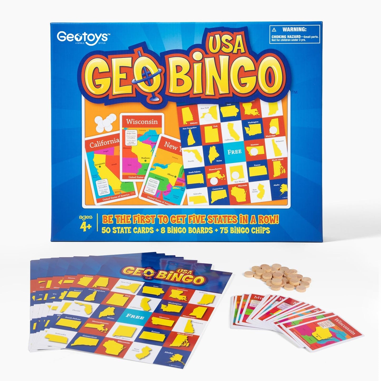 GeoToys GeoBingo, USA Bingo for Kids, Geography Game for Home, School or Camp - Fun Bingo Games for Family, Play & Learn States and Capitals of the USA, Bingo Game for Kids Ages 4 and Up