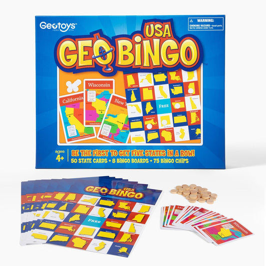 GeoToys GeoBingo, USA Bingo for Kids, Geography Game for Home, School or Camp - Fun Bingo Games for Family, Play & Learn States and Capitals of the USA, Bingo Game for Kids Ages 4 and Up