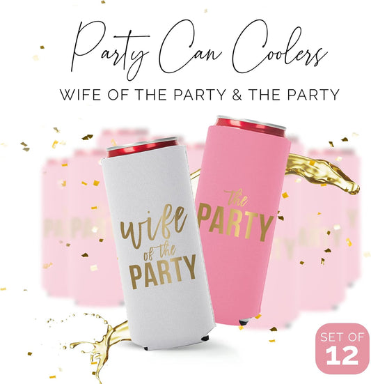 Wife of the Party and The Party Bachelorette Can Coolers - Set of 12, Perfect for Decorations and Bridesmaid Gifts (Dusty Rose, Slim)