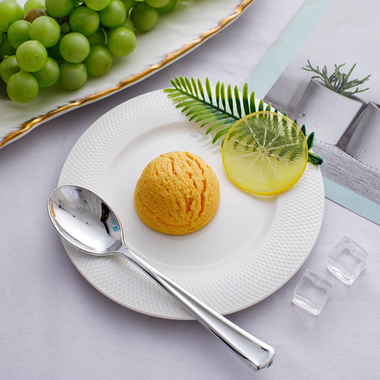 WDF 100 Pack Silver Plastic Spoons Disposable - 6.9 Inch Silver Spoons Heavy Duty Plastic Spoons, Modern Silver Disposable Spoons Perfect for Christmas Parties, Weddings