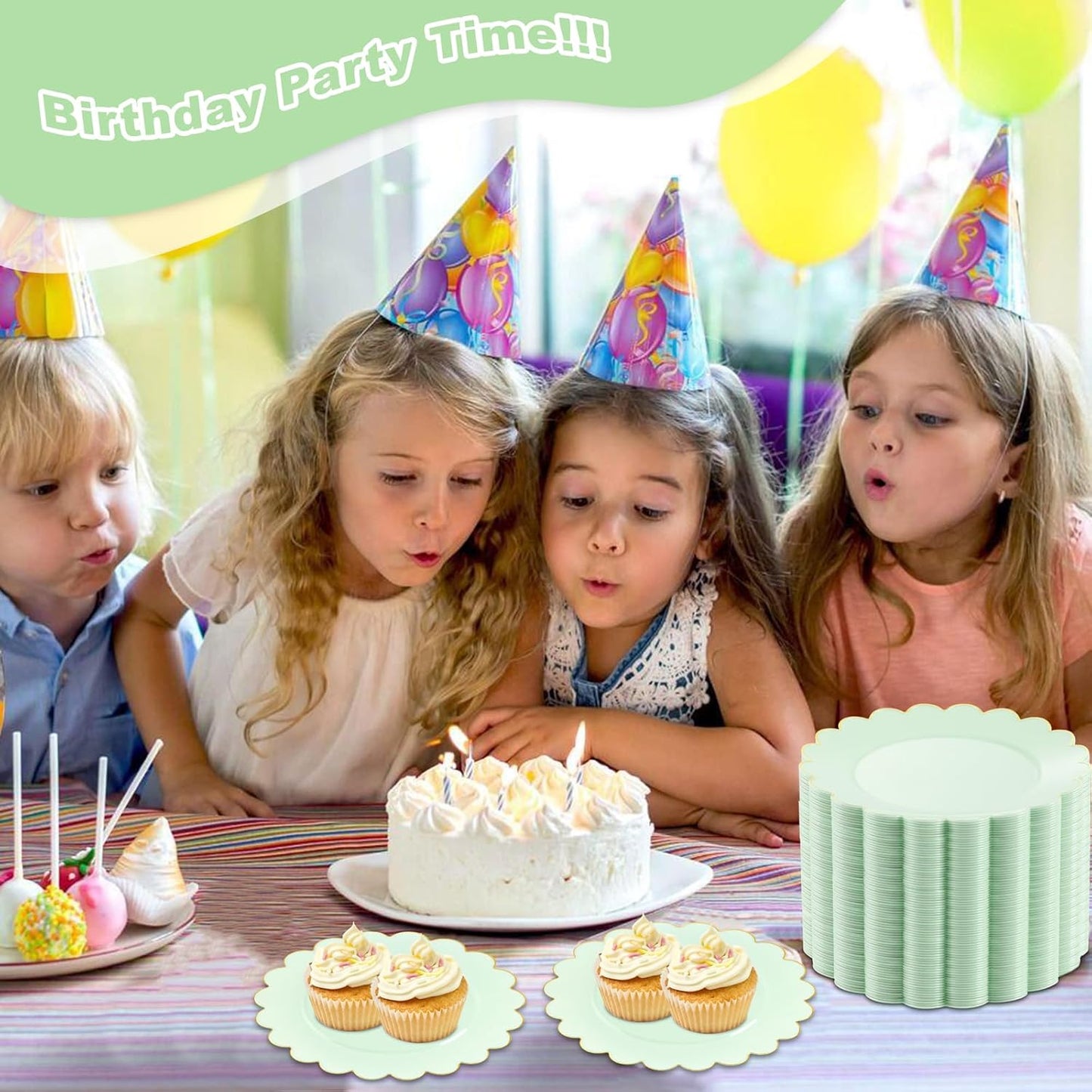 LIYH 100 Pcs Sage Green Plates Scalloped Plastic Dessert Plate Gold Rim - 7.5 Inch Heavy-Duty Leak Proof Appetizer Plastic Plates for Birthday Wedding Holiday Party Self-Service Table Decor