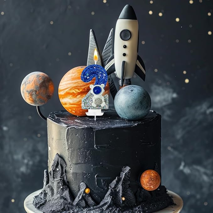 HXOUSE Astronaut 2nd Birthday Candle - Space Universe Sparkler 2 Candle for Birthday Cake Boy, Topper for Party Decorations Anniversary Celebrations (Number 2)