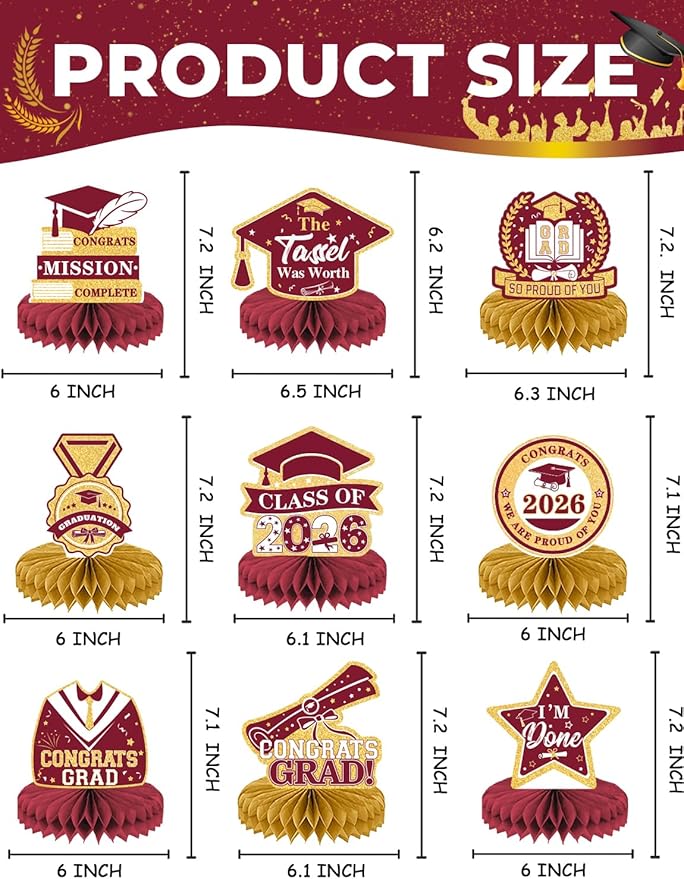 Graduation Table Decorations 2026, Maroon Gold Graduation Centerpieces for Tables, 9Pcs Honeycomb Centerpieces, 3D Congrats Grad Table Toppers for Grad Party Decorations, Class of 2026 Decor