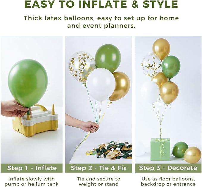 LovesTown Sage Green Balloon Garland Kit, 150PCS Arch Kit Different Sizes Latex Balloons Gold Olive Green Confetti Metallic Balloons for Jungle Woodland Theme Party Decorations