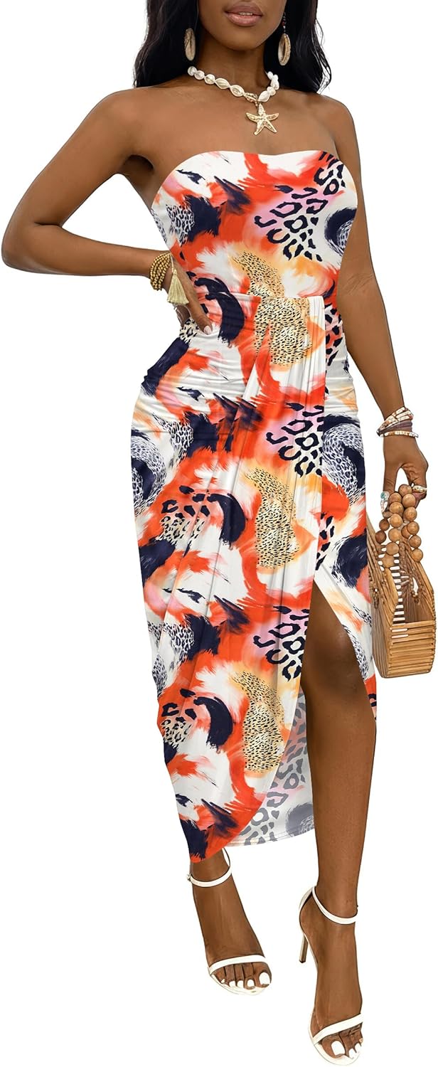 Umenlele Women's Strapless Ruched High Waist Wrap Split Asymmetrical Beach Maxi Long Dress