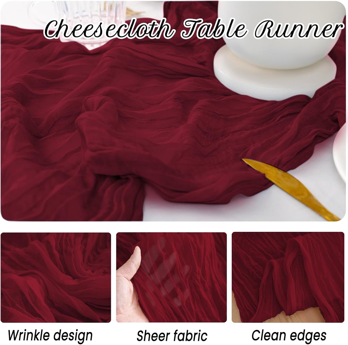 12 Pack Burgundy Table Runners 10FT Cheesecloth Table Runner 21 x 120 inch Boho Gauze Cheese Cloth Table Runner Rustic Sheer Table Runners for Party Wedding Bridal Baby Shower Birthday Table Decor