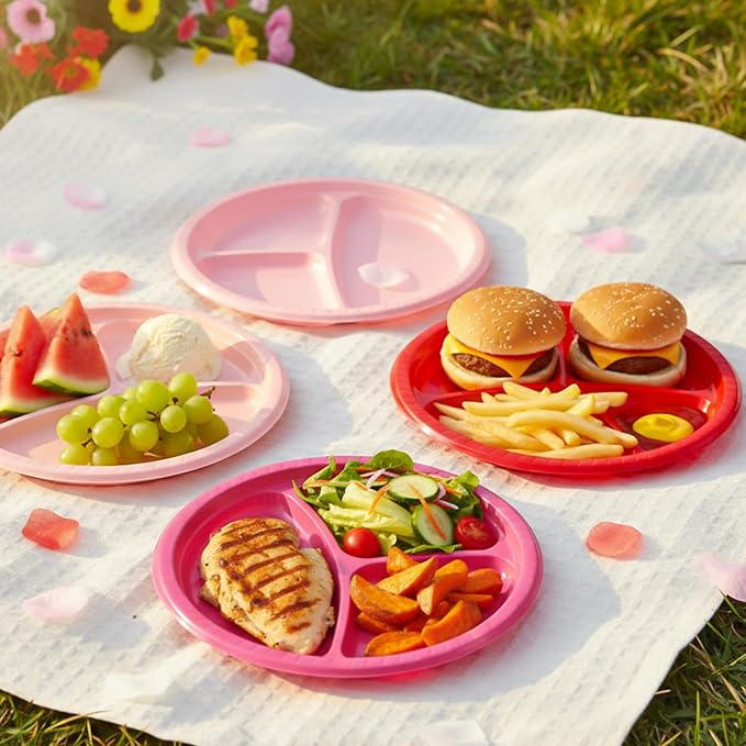 50 Pcs 10 Inch Plastic 3 Compartment Divided Plates Heavy Disposable Round Dinner Plates with Dividers for Wedding Birthday Party Dinnerware (Red, Pink)
