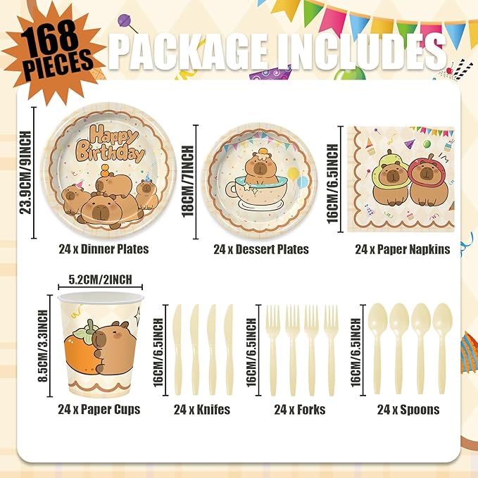 168Pcs Capybara Birthday Decorations Capybara Theme Party Plates and Napkins Cups Tableware Set Capy Animals Themed Party Supplies for Boys Girls Serves 24