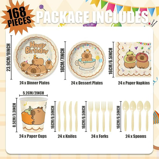 168Pcs Capybara Birthday Decorations Capybara Theme Party Plates and Napkins Cups Tableware Set Capy Animals Themed Party Supplies for Boys Girls Serves 24