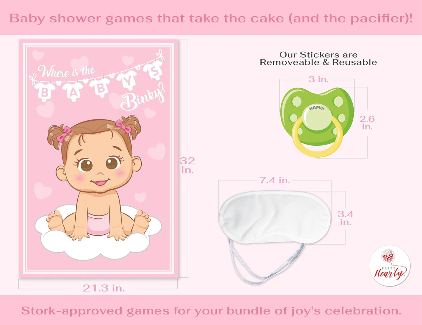 Party Hearty Funny Baby Shower Games for Girl - Pink Pin The Pacifier on The Baby Game, Where is The Baby's Binky