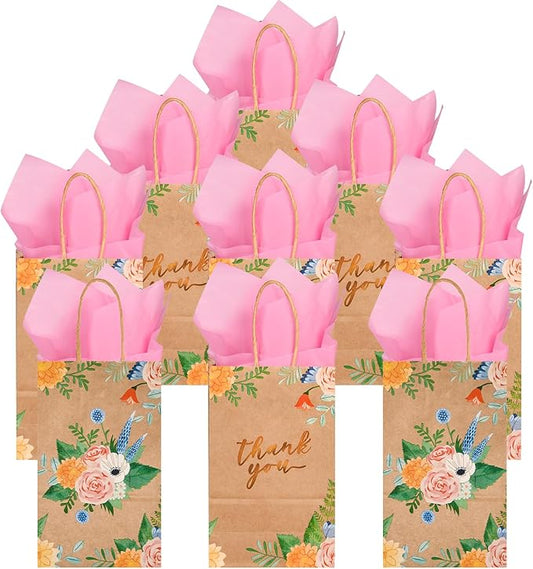 DjinnGlory 50 Pack Small Brown Kraft Gift Bags with Handles and Pink Tissue Paper for Birthday Wedding Baby Shower Party Favors, Thank You Floral Bags for Valentine's Mother's Day (9x5.5x3.15 Inch)