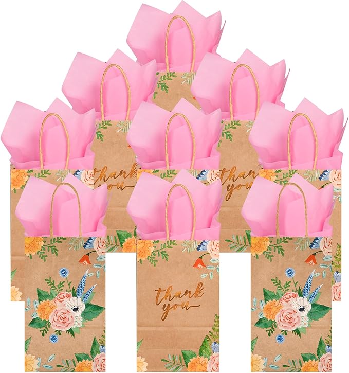 DjinnGlory 25 Pack Small Brown Kraft Floral Paper Gift Bags with Handles and Pink Tissue Paper for Party Goodies, Mother's Day, Thank You Vintage Flowers (9x5.5x3.15 Inch)