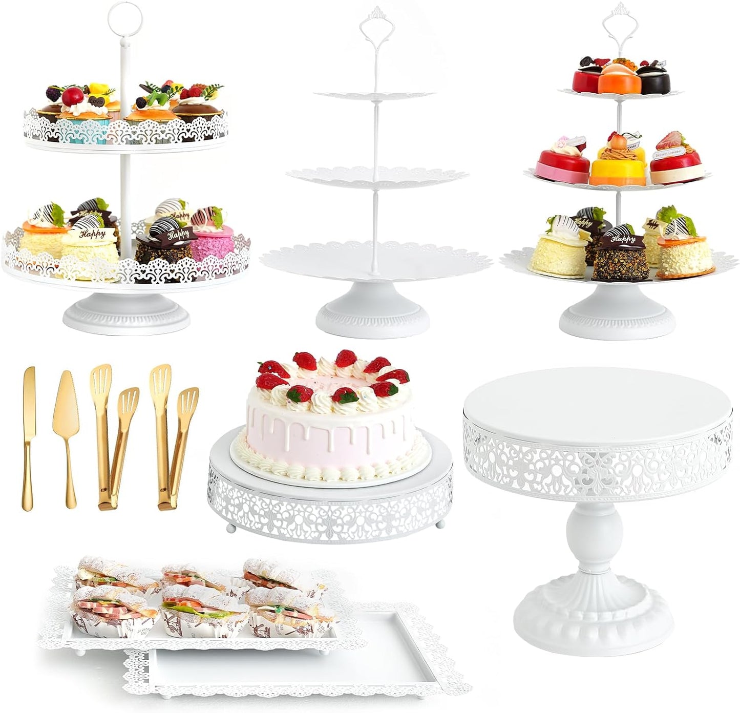 11 Pcs White Metal Cake Stand Set, Elegant Dessert Table Display Set for Party, Cupcake Stand & Candy Table Display Sets for Wedding, Birthday Celebration