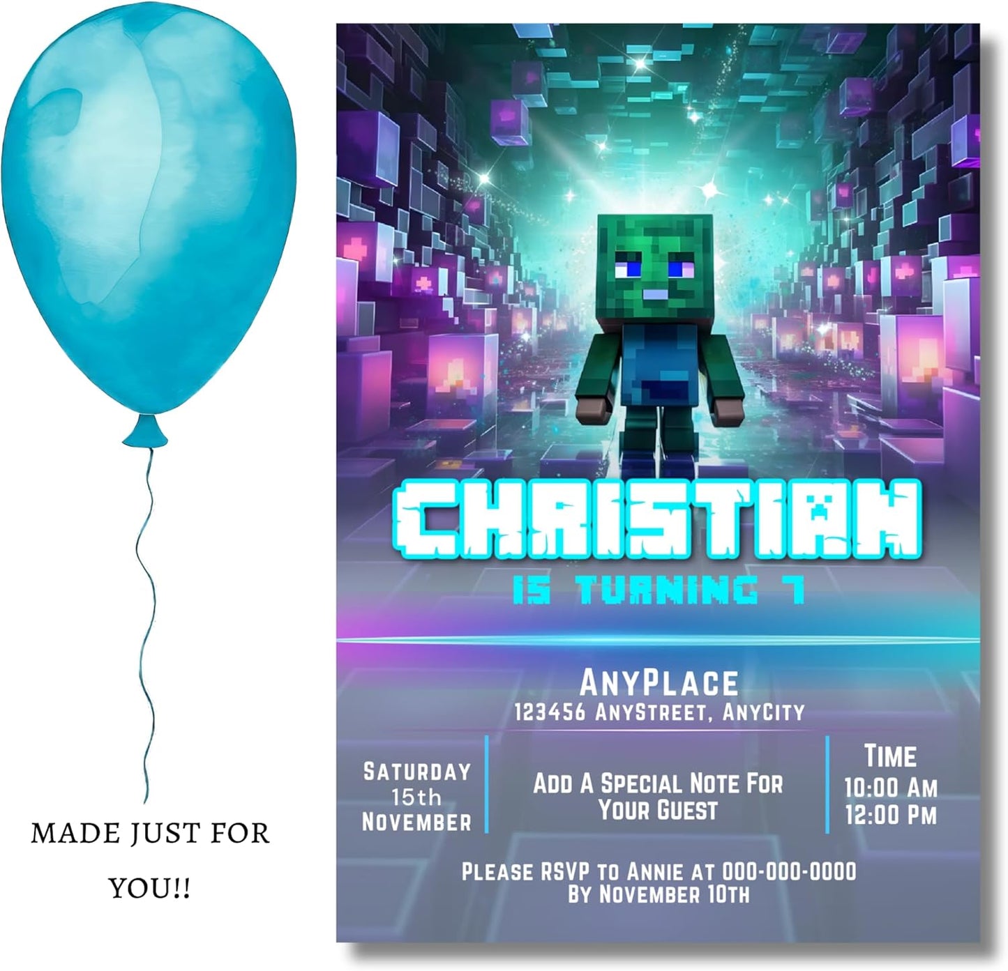 Fully Customizable minecraft Birthday Party Invitations, 4 x 6 inches, with Self-Sealing Envelopes, Gaming Theme Design, minecraft Birthday Invitations for Boys and Girls (Minecraft/Block)