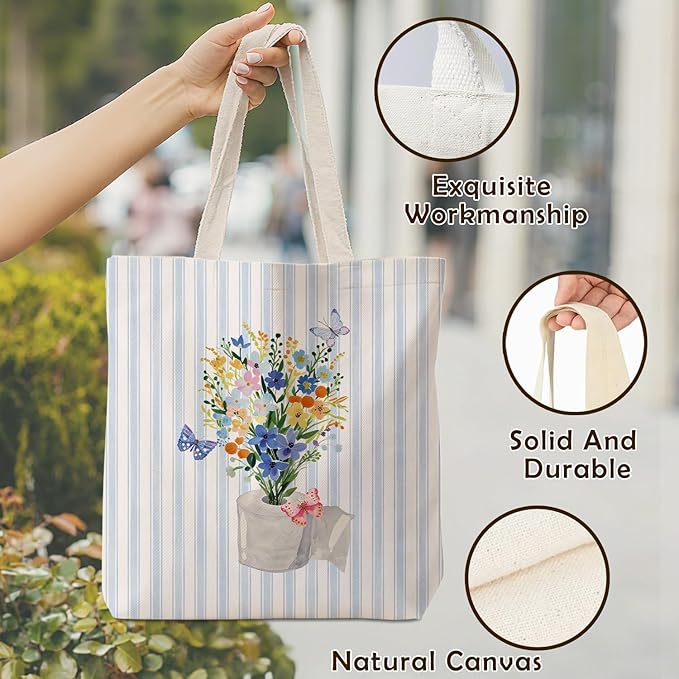 Blue Preppy Floral Aesthetic Tote Bag for Women,Printed Canvas Tote Bag for Girls,Blue Striped Watercolour Aesthetic Reusable Shopping Grocery Bags Party Favors