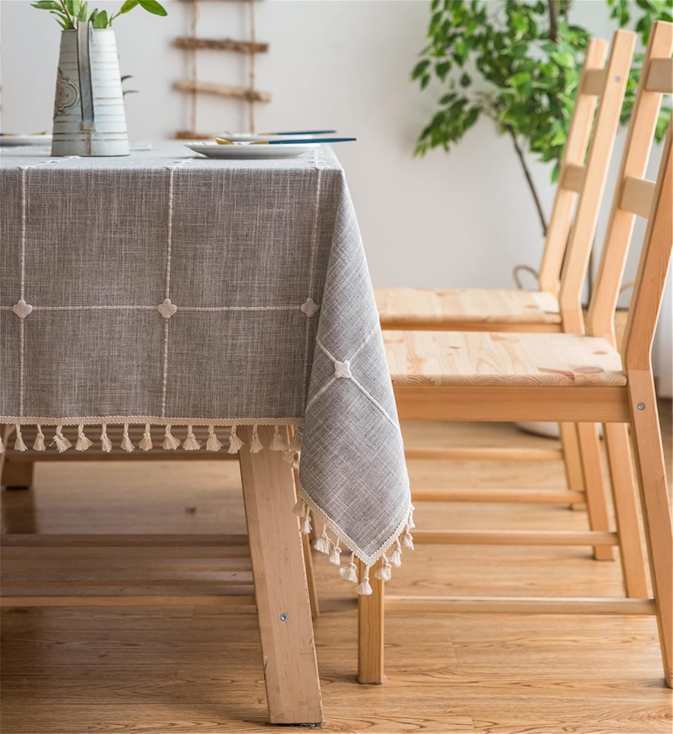 Cotton Linen Tablecloth, Tassel Stitching Table Cloth, Wrinkle Free Farmhouse Table Cover for Kitchen Dining, Party, Holiday (Rectangle, 55''x120'', 10-12 Seats, Plaid Grey)