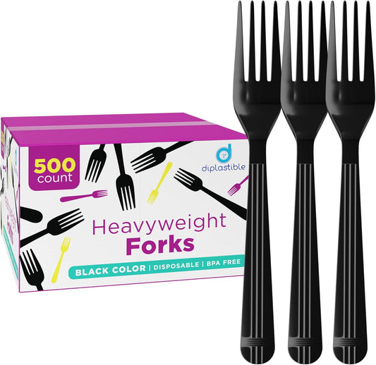 Diplastible Plastic Forks Heavy Duty - Disposable Utensils - 500 Count - Black Forks