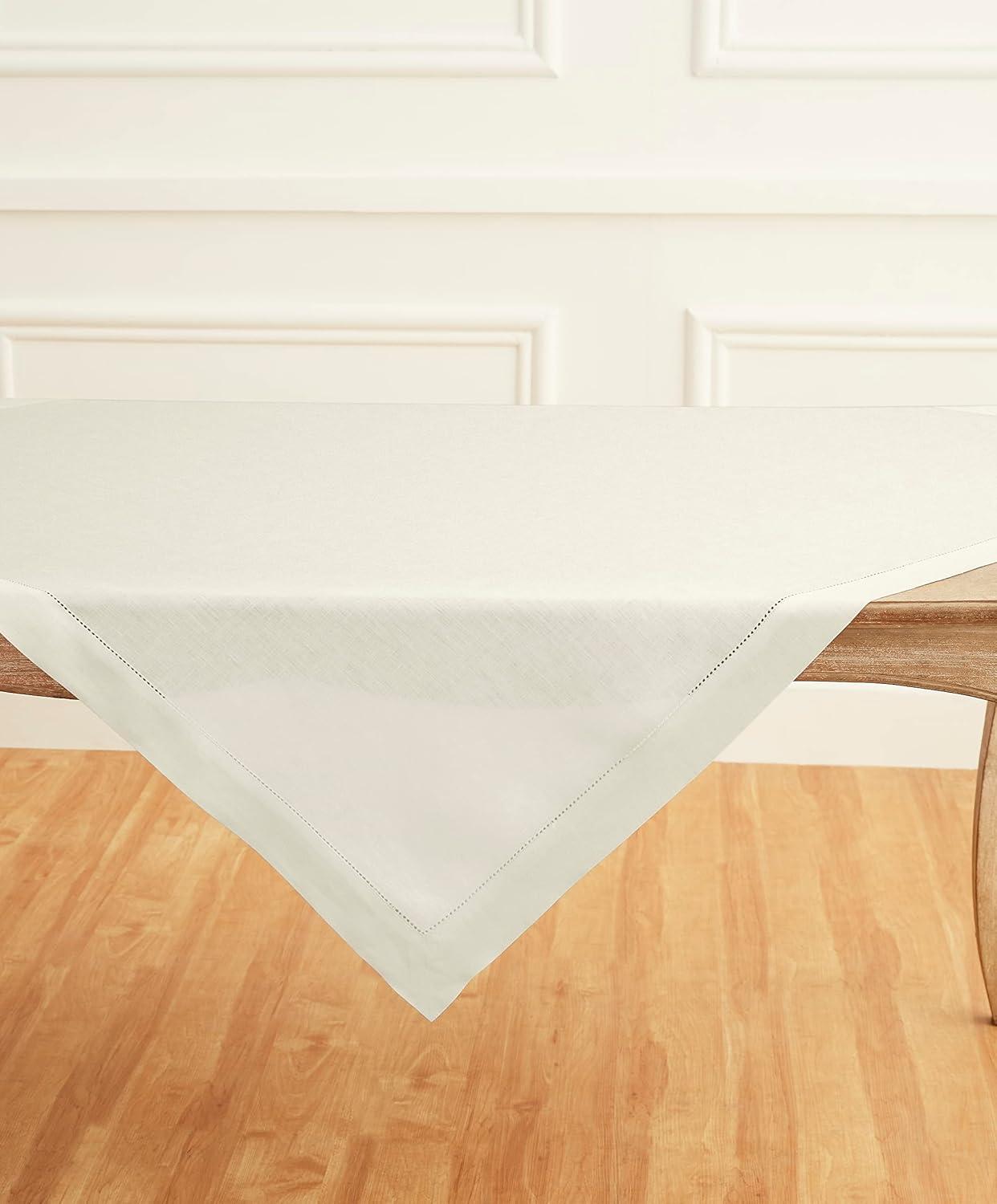Solino Home Ivory Linen Tablecloth 52 x 52 Inch - 100% Pure Linen Square Table Throw - Classic Hemstitch, Machine Washable Table Cloth for Fall, Autumn, Thanksgiving, Christmas, Holiday