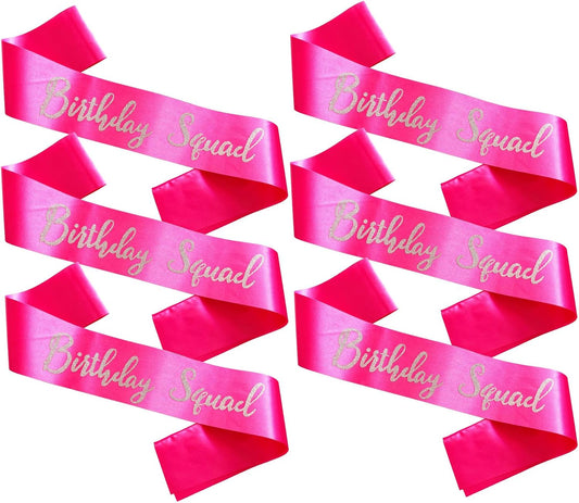 Birthday Squad Sash, 6 Pieces Hot Pink with Silver Glitter Letter Birthday Gift Sashes Set for Women Funny Party Favors Decorations for 16th 18th 21st 25th 30th 40th 50th or Other Bday