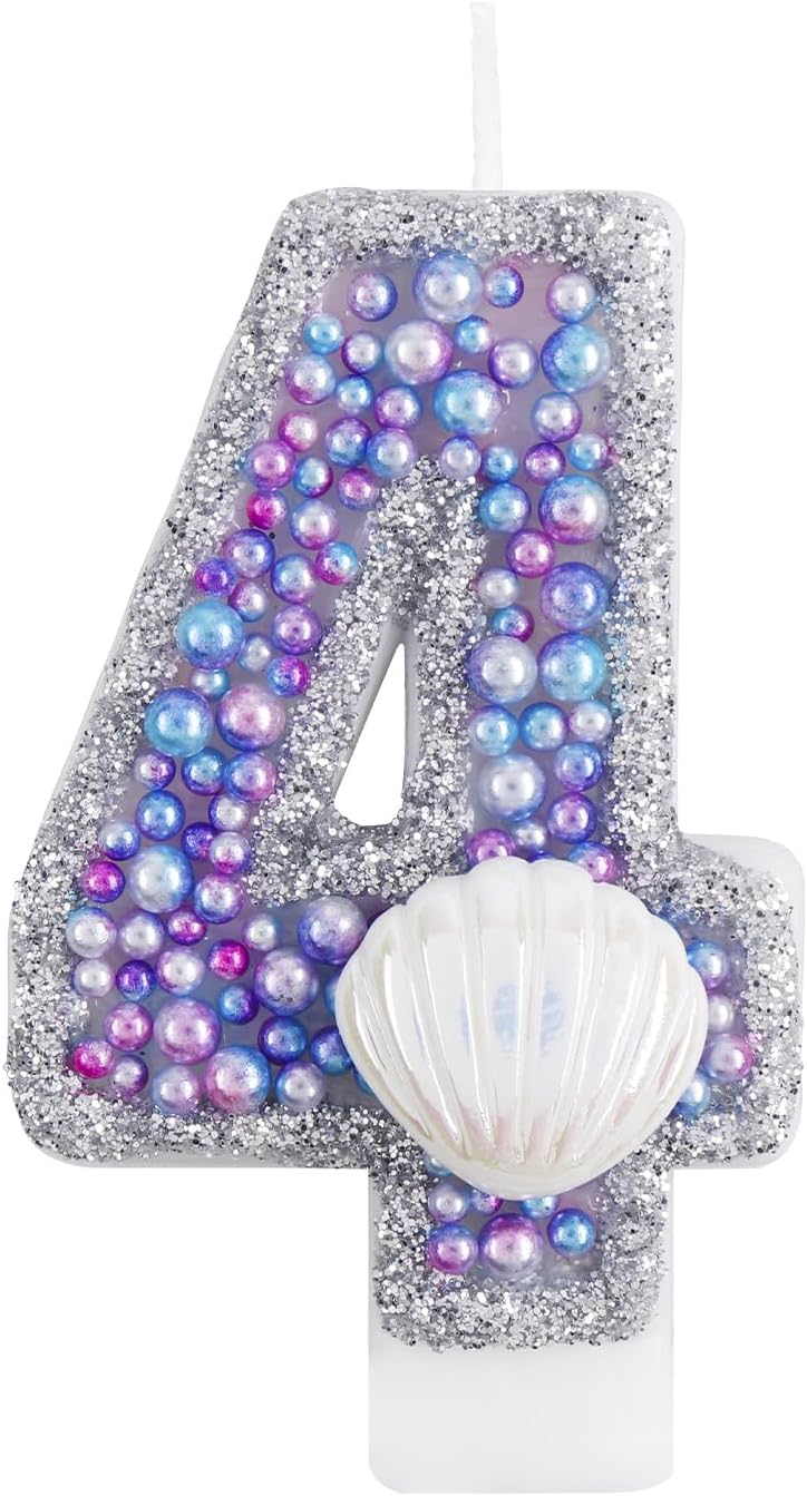 Girls Glitter 4 Birthday Number Candle, Pink Shell Sequins Blue Purple Pearls Number Birthday Candles for Boys Girls Birthday Cakes Mermaid Themed Birthday Decorations Party Supplies Number 4 Candle
