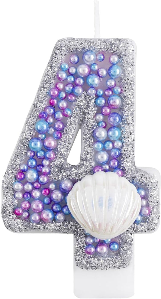 Girls Glitter 4 Birthday Number Candle, Pink Shell Sequins Blue Purple Pearls Number Birthday Candles for Boys Girls Birthday Cakes Mermaid Themed Birthday Decorations Party Supplies Number 4 Candle