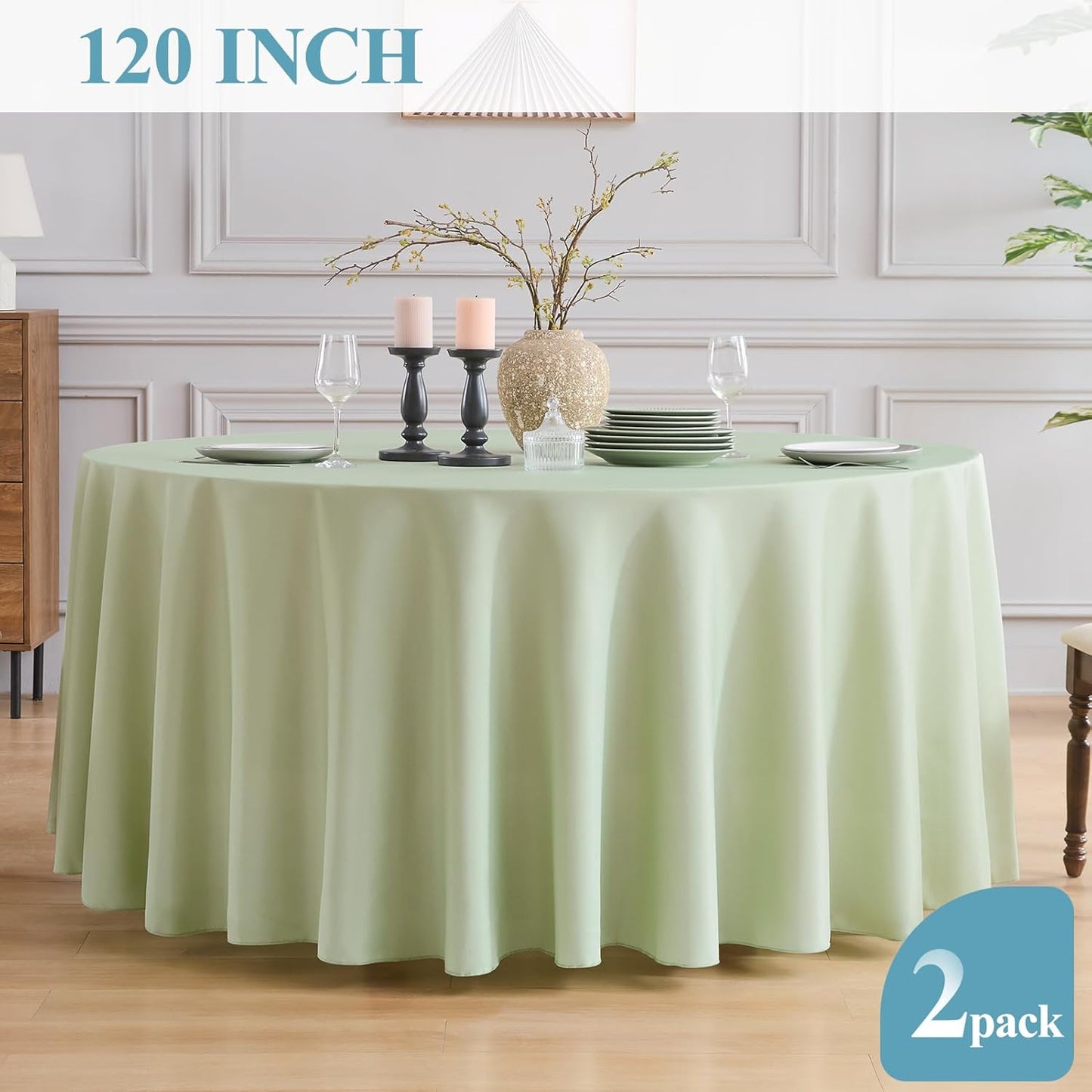 VidaFete Tablecloth 2 Pack 120inch Round Table Cloth Polyester, Stain Wrinkle Resistant Polyester Dining Table Cover for Kitchen Dinning Party Wedding Round Tabletop Buffet Decoration(Sagegreen)