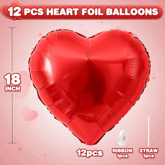 Red Heart Balloons,12Pcs Heart Shaped Foil Balloons,18Inch Red Love Helium Polyester Film Balloon for Valentine's Day Anniversary Birthday Anniversary Wedding Party Decorations