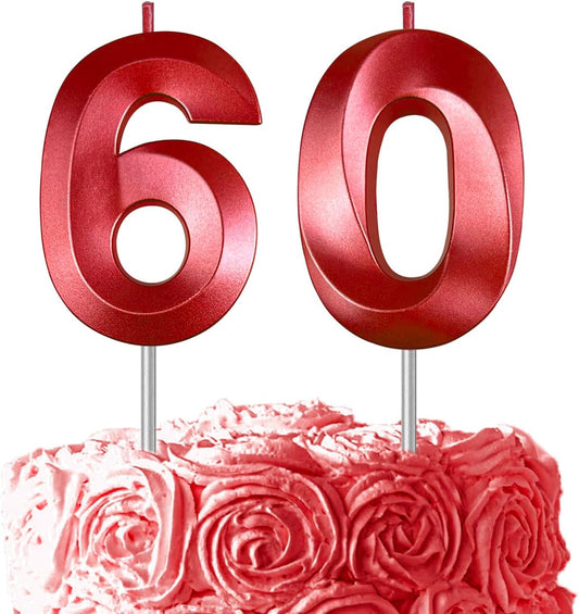 Red Number 60 Candles, 3D Diamond 2.76 Inch Cake Topper Birthday Candles for Wedding Anniversary Cake Decorations, Happy Birthday Party Decorations