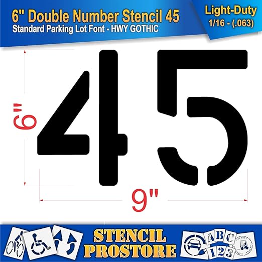 Pavement, Curb, and WheelStop Stencils - 6 inch Double Number Stencil - (45) - 6" x 9" x 1/16" (63 mil) - Light-Duty