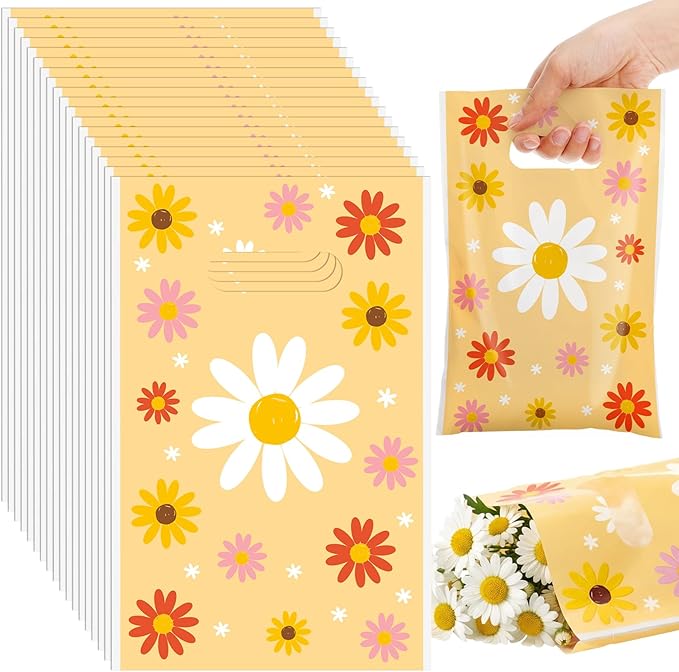 Frienda 100 Pcs Spring Daisy Flower Plastic Gift Bags with Handles 9.84''x6.5'' Daisy Plastic Candy Goodies Bags Treat Favors for Picnic Camping Spring Groovy Wedding Tea Party Gift Wrapping Supplies
