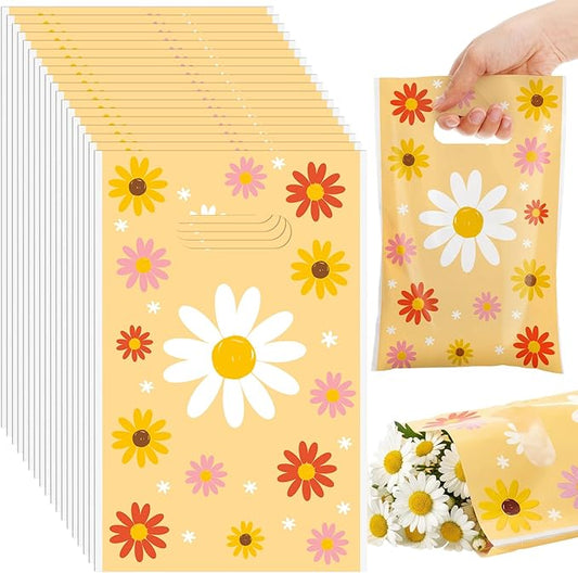 Frienda 100 Pcs Spring Daisy Flower Plastic Gift Bags with Handles 9.84''x6.5'' Daisy Plastic Candy Goodies Bags Treat Favors for Picnic Camping Spring Groovy Wedding Tea Party Gift Wrapping Supplies