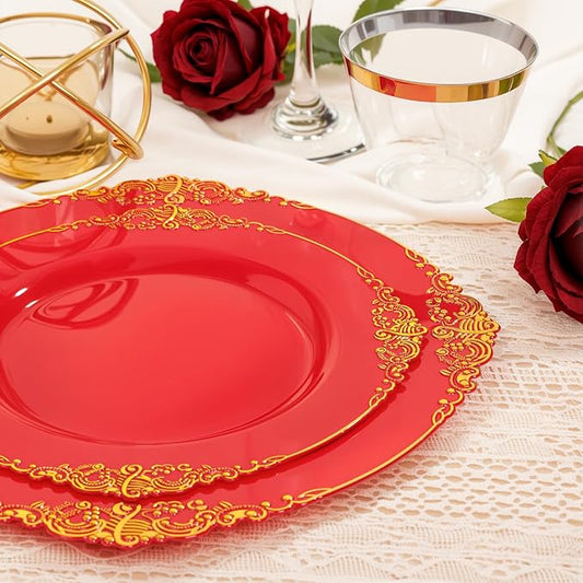 Nervure 175PCS Red Plastic Plates - Disposable Red Gold Party Plates & Pre Rolled Napkins with Cutlery for 25 Guests, 50Plates, 75Silverware, 25Cups, 25Napkin for Wedding & Party & Independence