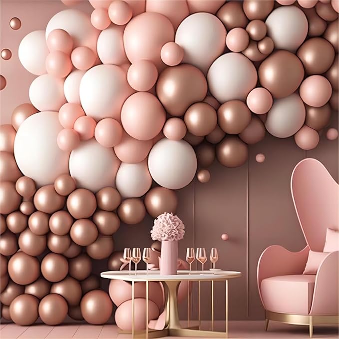 Rose Gold Balloons, 140pcs Metallic Rose Gold Balloons 18 12 10 5 Inch Different Sizes Pack Party Latex Balloons for Birthday Halloween Holiday Balloon Garland as Party Decorations