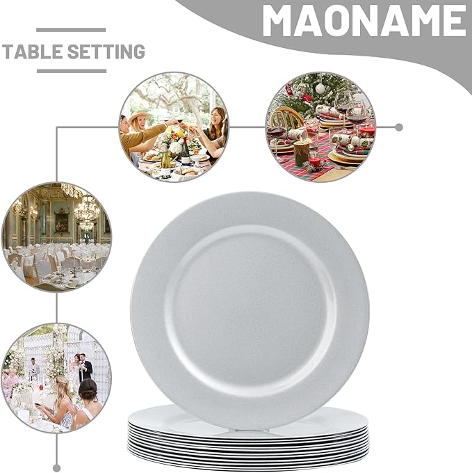 MAONAME Silver Charger Plates Set of 12, 13" Round Plate Chargers for Dinner Plate, Plastic Table Chargers for Wedding Decor, Party