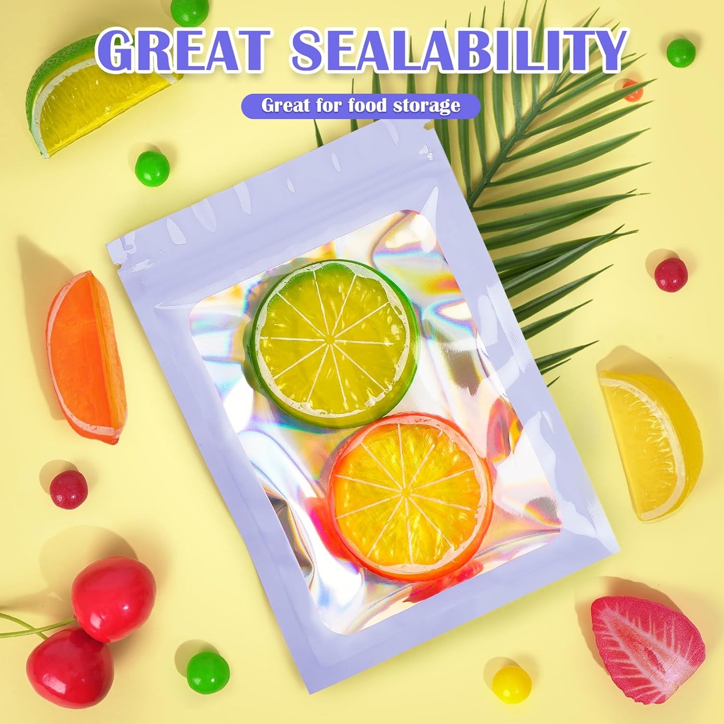 300 Pcs Mylar Bags, Smell Proof Bags Foil Pouch, Holographic Resealable Bags for Small Business, Candy Sample Jewelry Bag Sealable Packaging for Party Favor Food Storage (2.4x3.9in-Purple)
