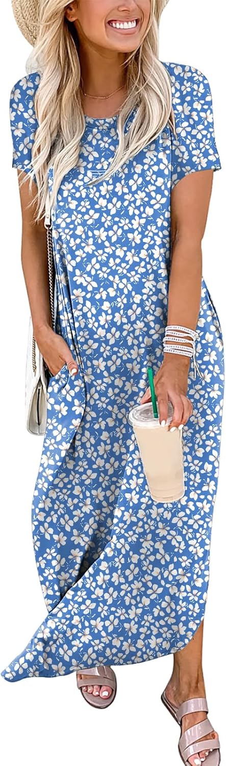 ANRABESS Womens Summer Maxi Dress Short Sleeve Casual Loose Long T Shirt Dresses Split Vacation Beach Sundress Travel Outfits