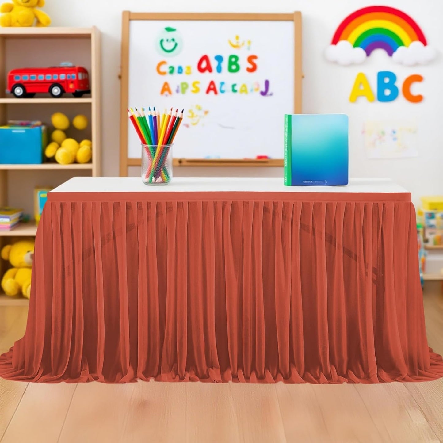6FT Tulle Table Skirt for Teacher Desk Rectangular Ruffle Table Back to School Supplies for Kindergarten Preschool Middle School Classroom Decor, Caramel