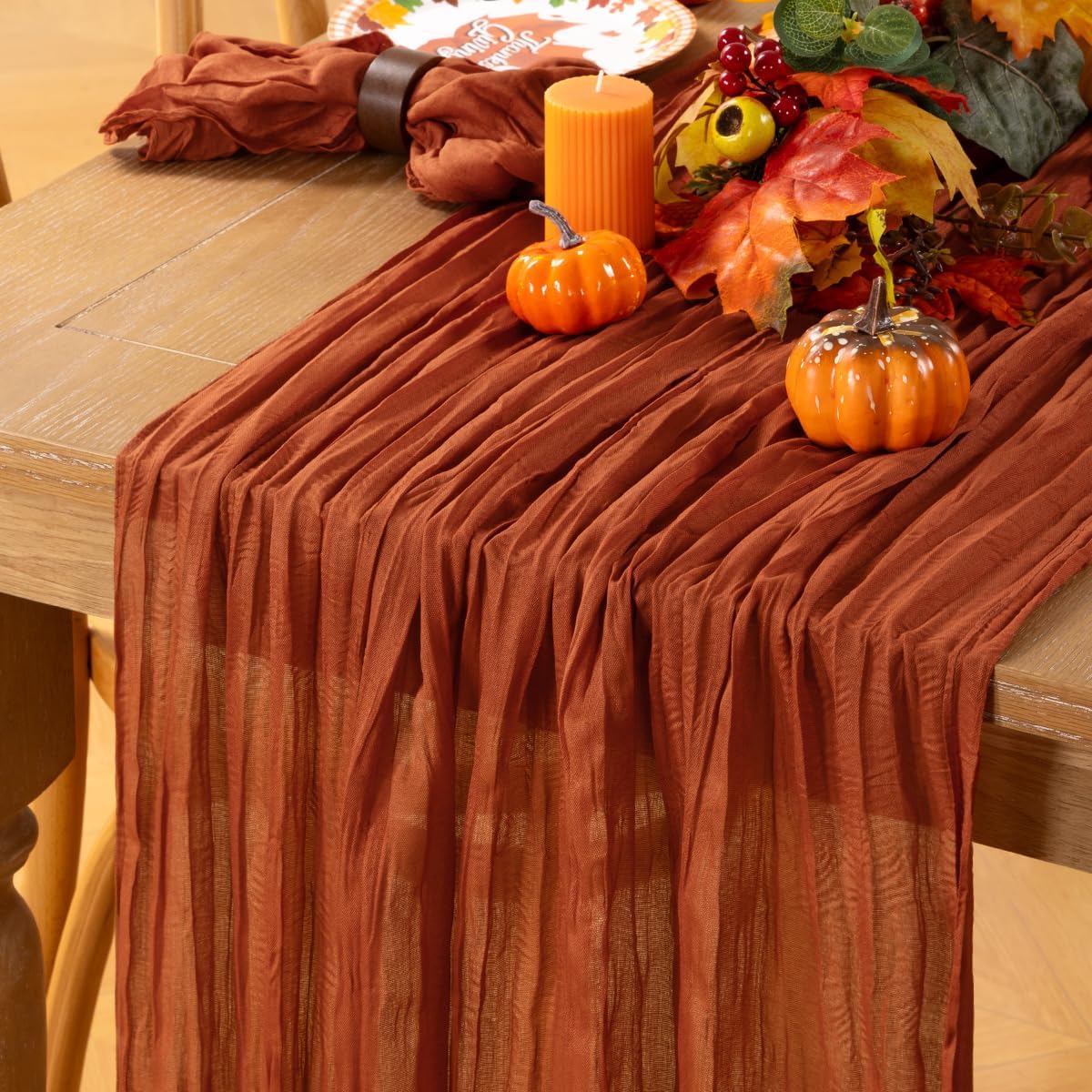 MLMC Fall Thanksgiving Table Runner Terracotta Cheesecloth Table Runner 10ft Burnt Orange Gauze Boho Farmhouse Rustic Chesse Cloth Table Decor for Fall Wedding Bridal Shower Pinic Party Decor