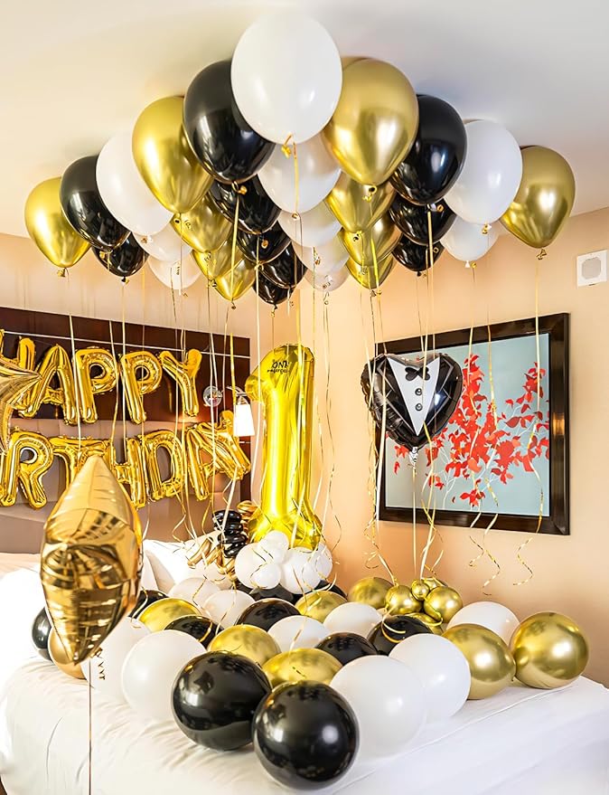 Black and Gold Balloons, 60 Pcs 12 Inch Graduation Balloons, Metallic Black Gold White Confetti Balloons, for Graduation Party 2026, Birthday, Wedding, Retirement Party Decor