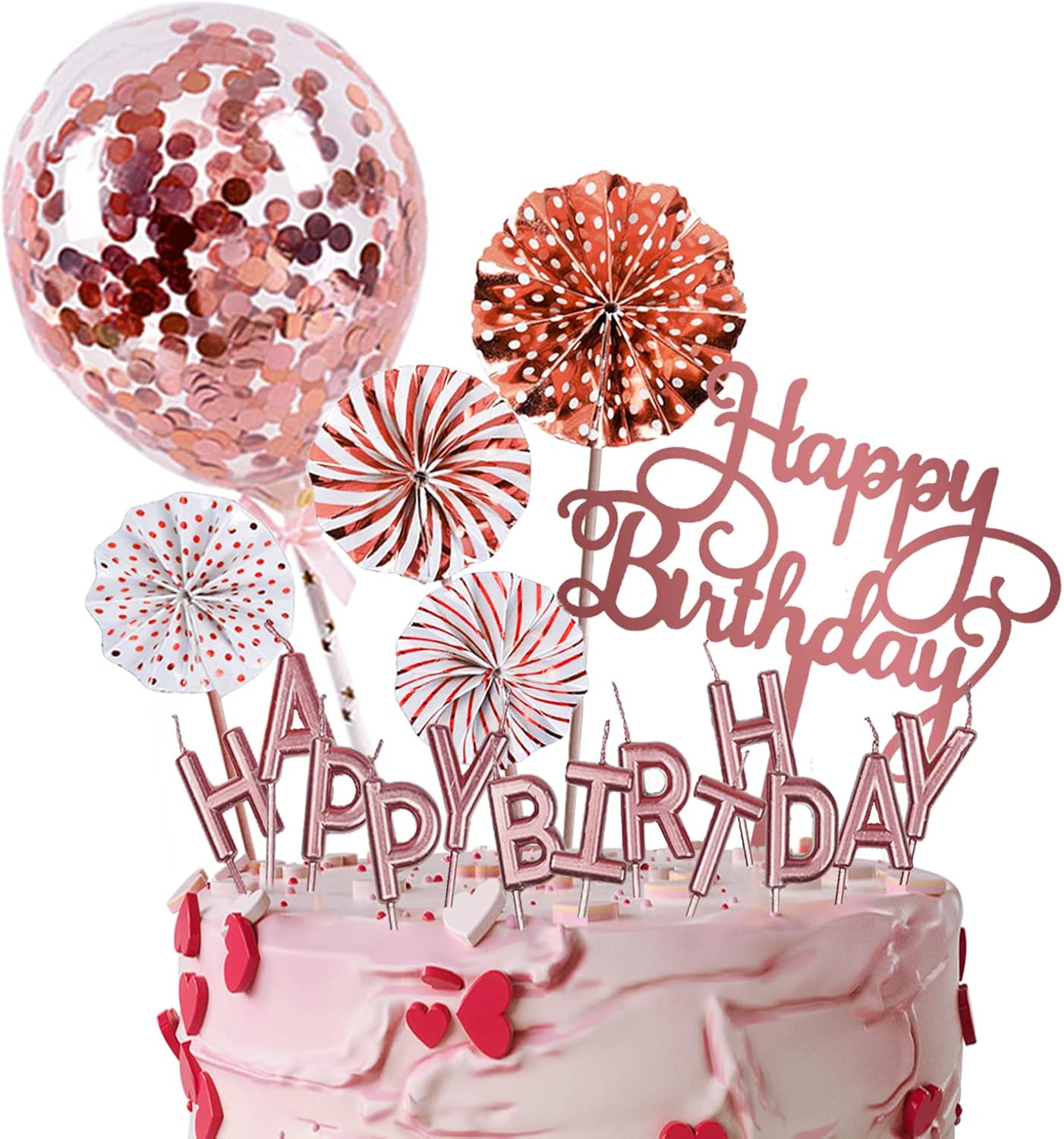 Rose Gold Cake Topper Decorations with Happy Birthday Candles, Acrylic Birthday Cake Topper, Confetti Balloon and Paper Fans for Rose Gold Theme Birthday Party Décor
