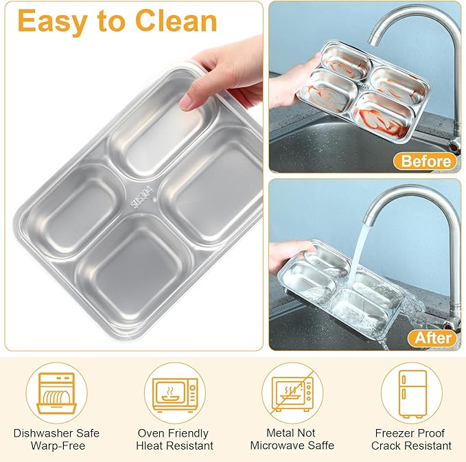 Honeydak 6 Pack Stainless Steel Snack Containers with Lids 4 Compartments Stainless Steel Lunch Box Reusable Meal Prep Lunch Containers for Home Travel Work Travel Camp Party